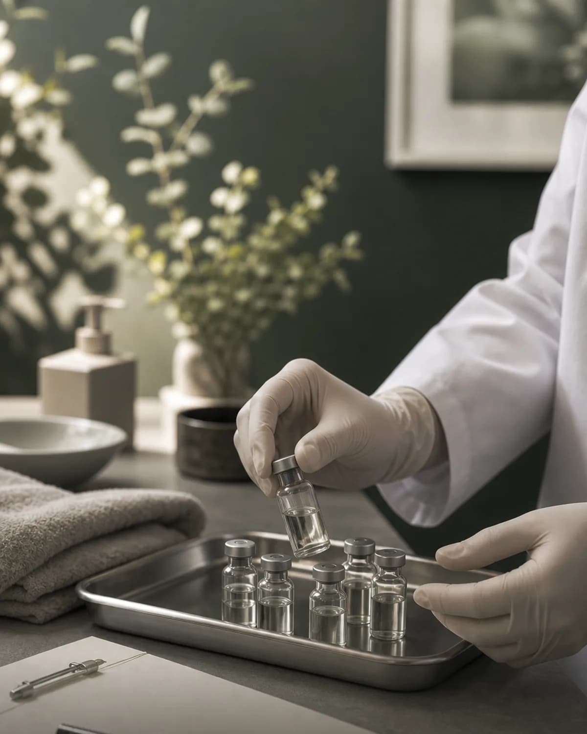 Peptide therapy vials prepared on a sterile medical tray