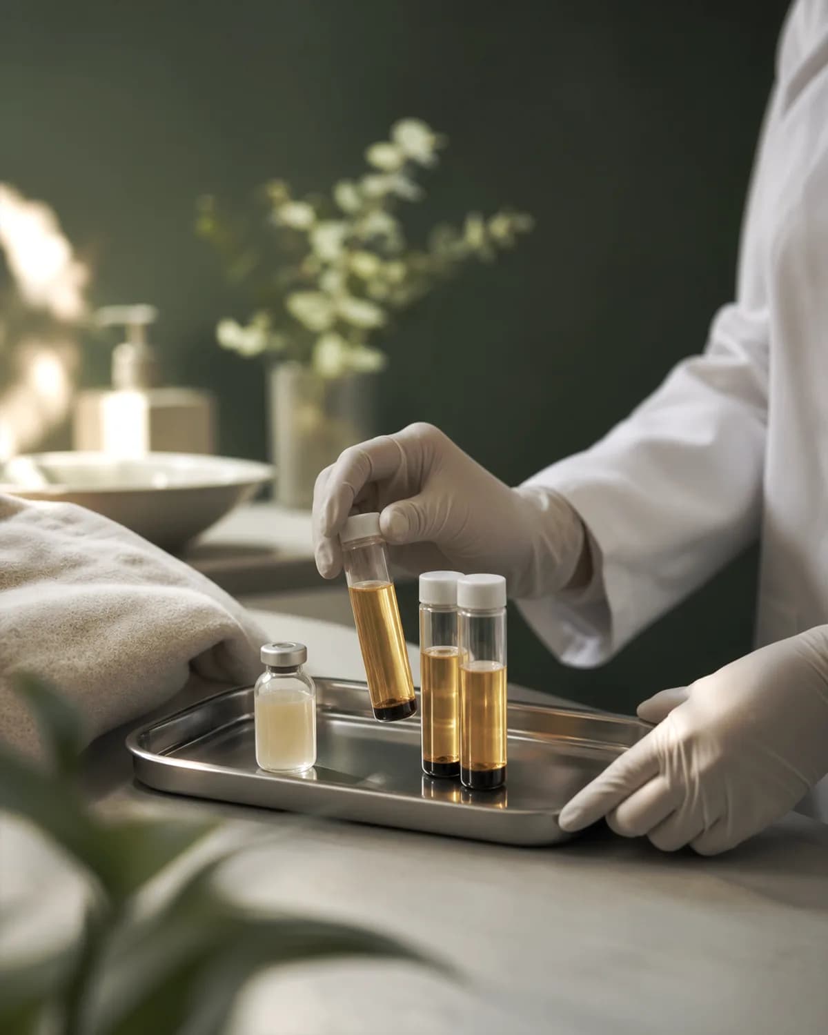 PRP and exosome treatment vials prepared on a sterile medical tray
