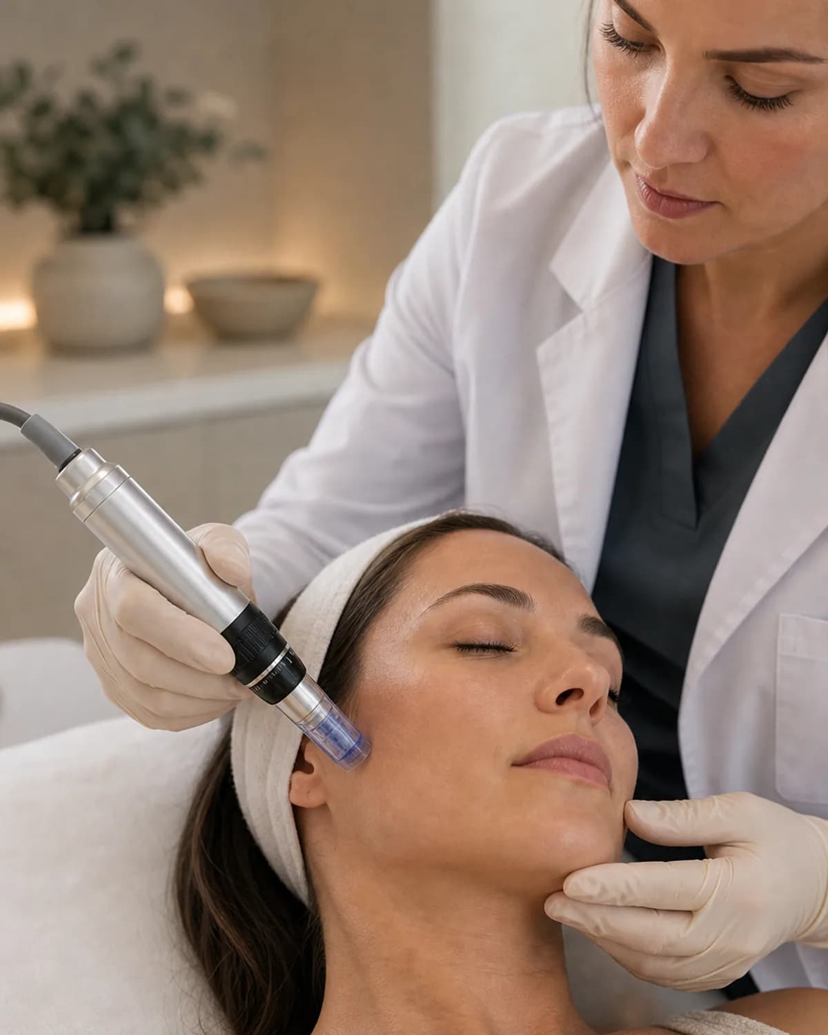 Microneedling treatment in progress, clinical and clean.