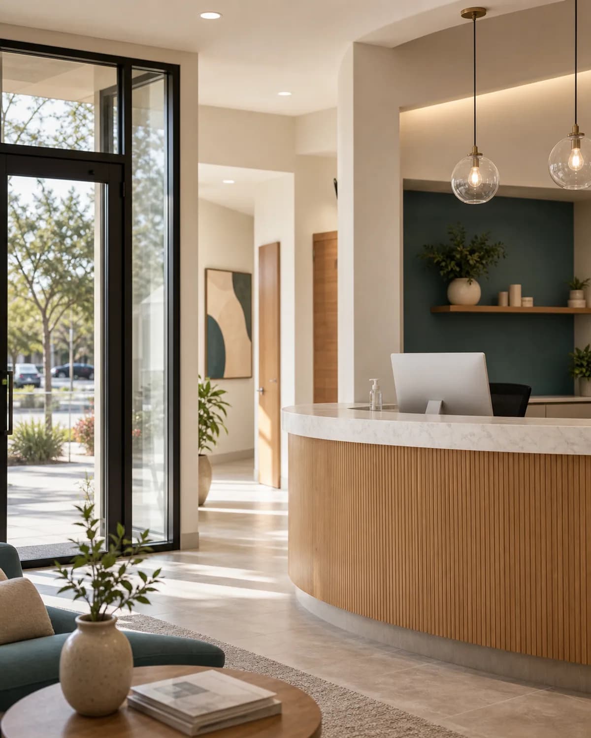 Clinic exterior or welcoming reception, warm.