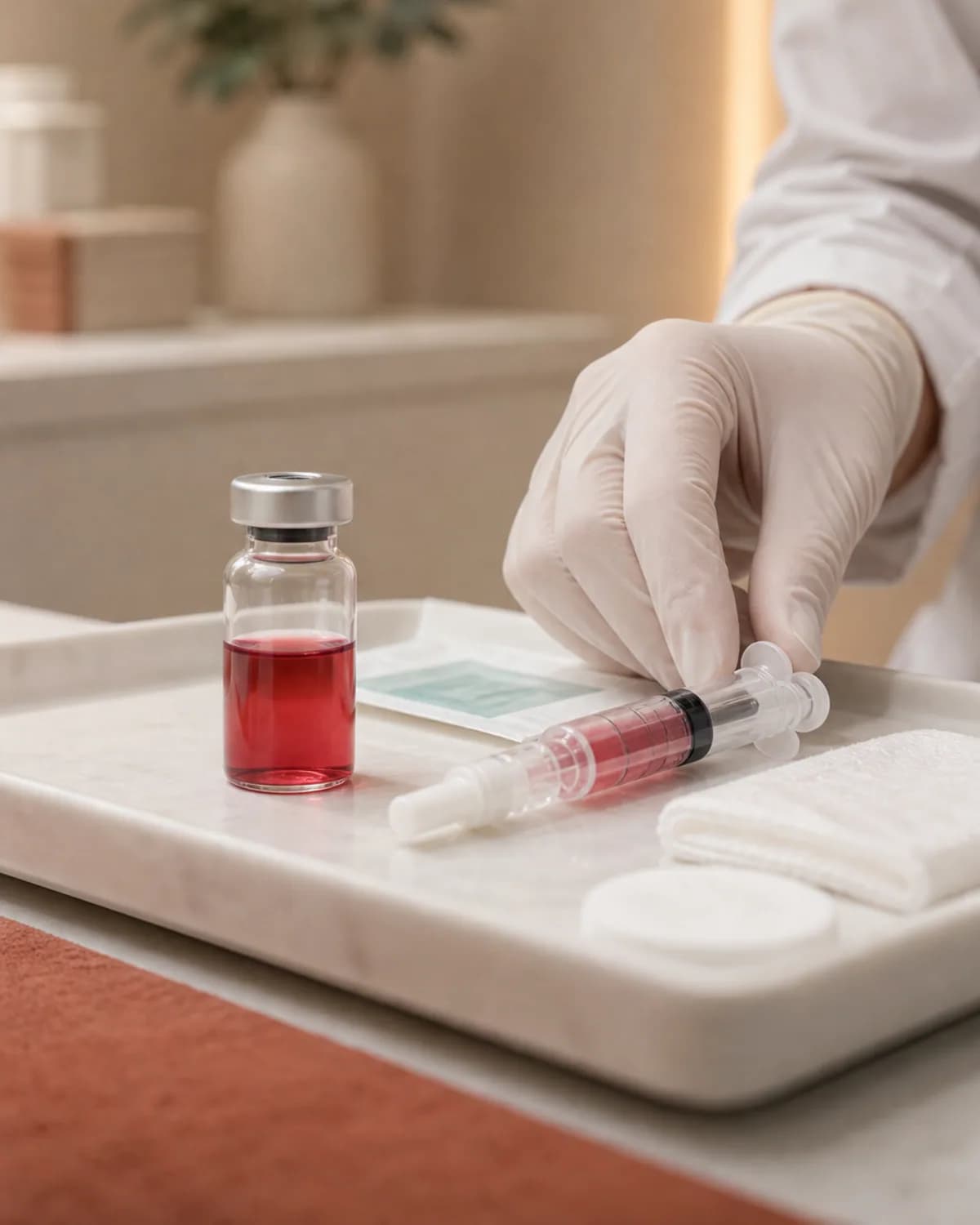 Vial e inyección en ambiente médico.