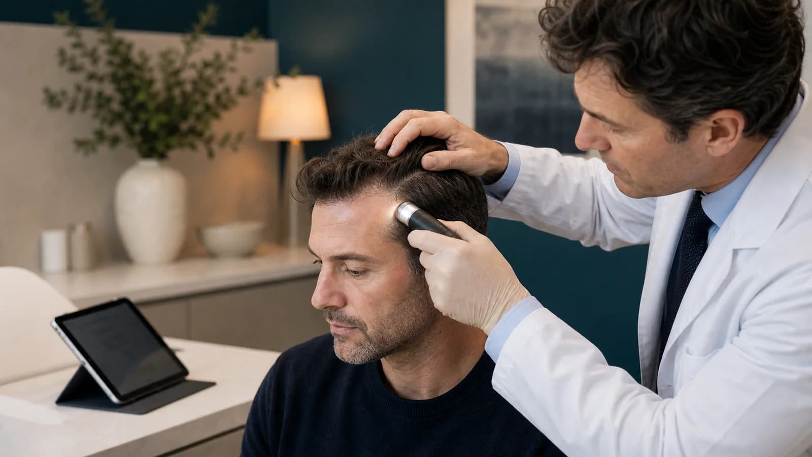 Close-up of a physician examining a male patient’s hairline under clinical lighting, gloved hand parting the hair to assess follicle density — clinical, reassuring, not promotional.