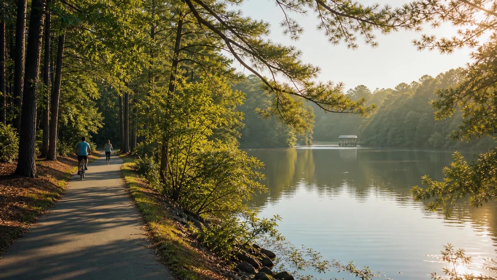 A person hiking a wooded Georgia trail in fall, golden light through changing leaves, water bottle in hand — seasonal motivation and movement, energetic.