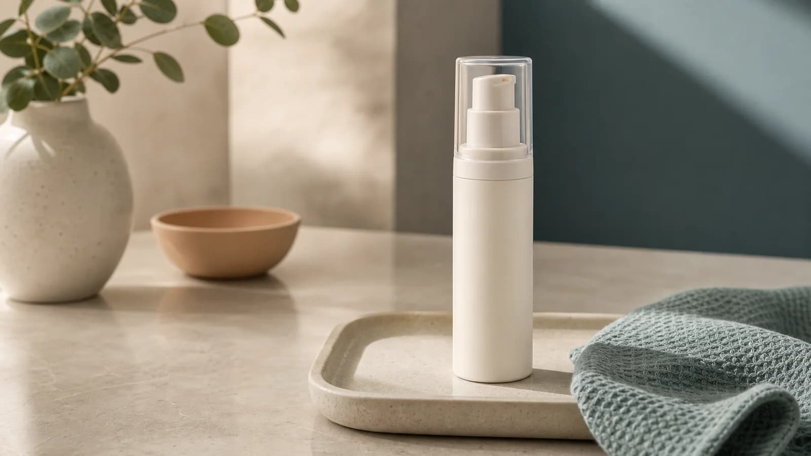 Clean product still life of the Blemish Serum airless pump bottle, refined neutral background, soft light. Real product photography needed.