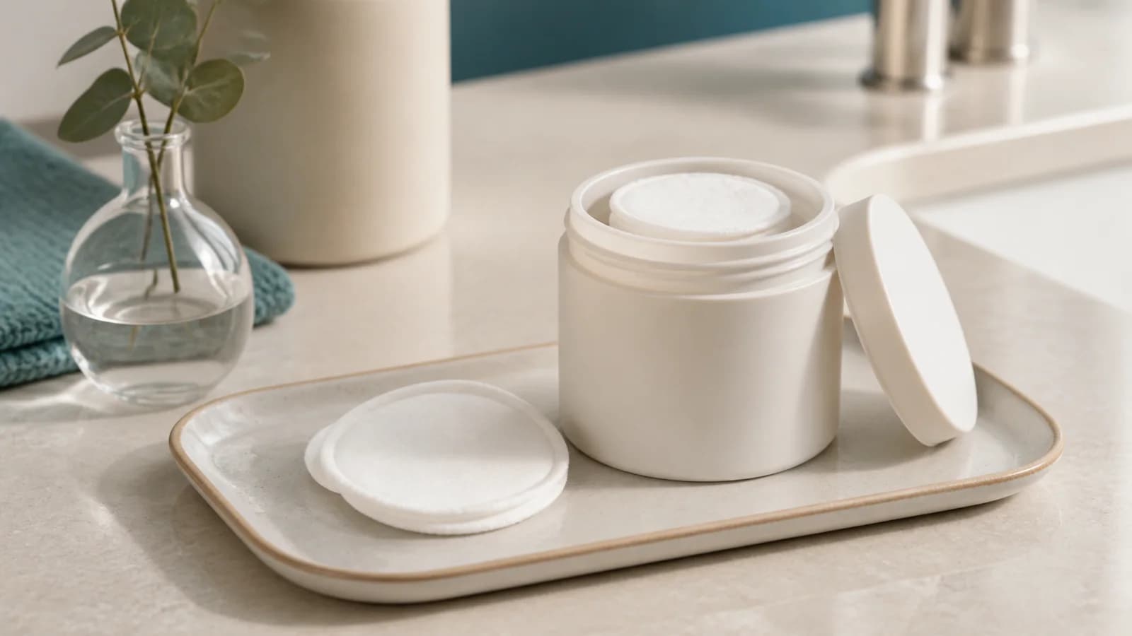 Clean product still life of the Brightening Pads jar, refined neutral background, soft light. Real product photography needed.