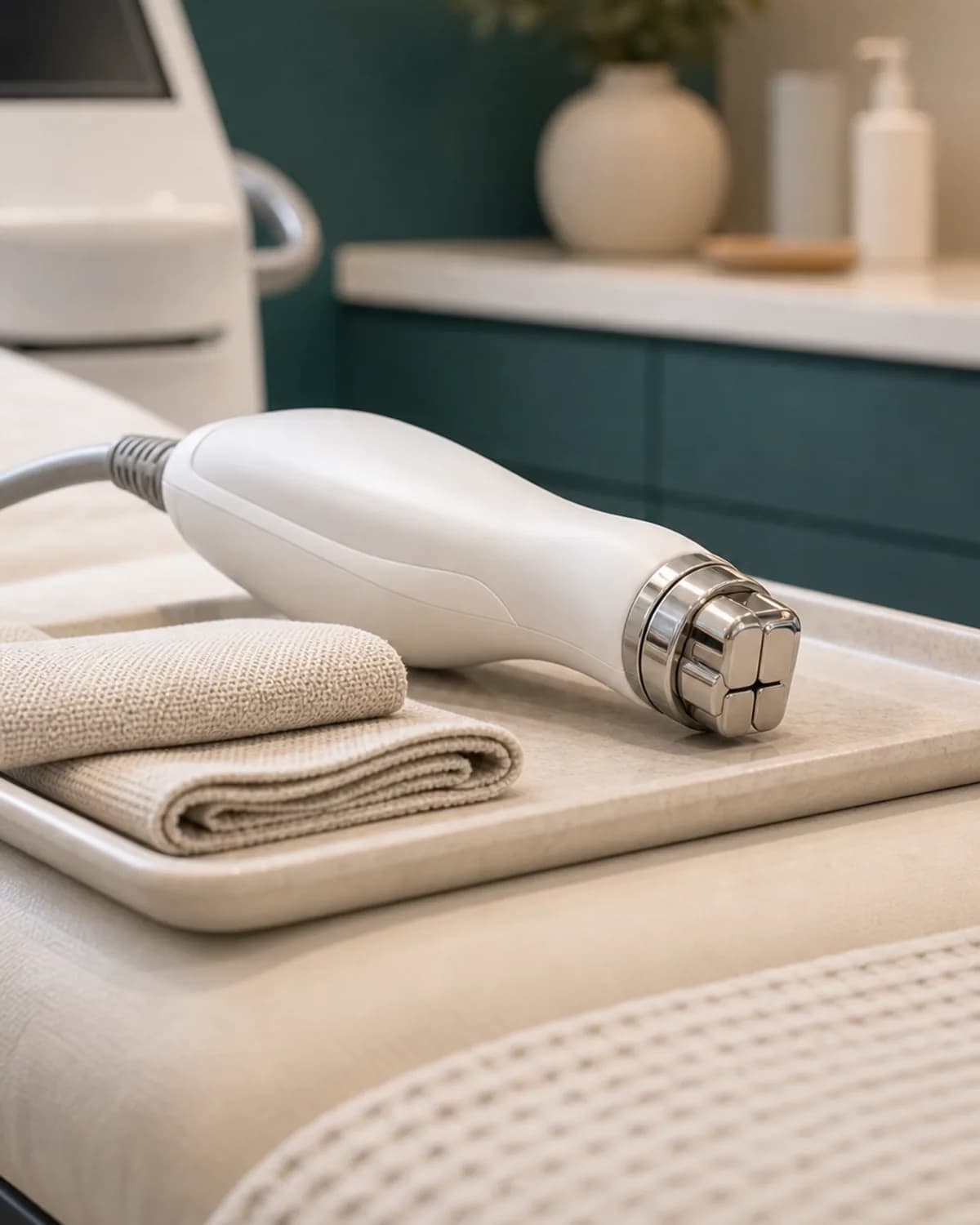 Calm, private treatment room with the Ultra Femme 360 applicator at rest, warm light, fresh linens — serene and clinical, no patient in frame.